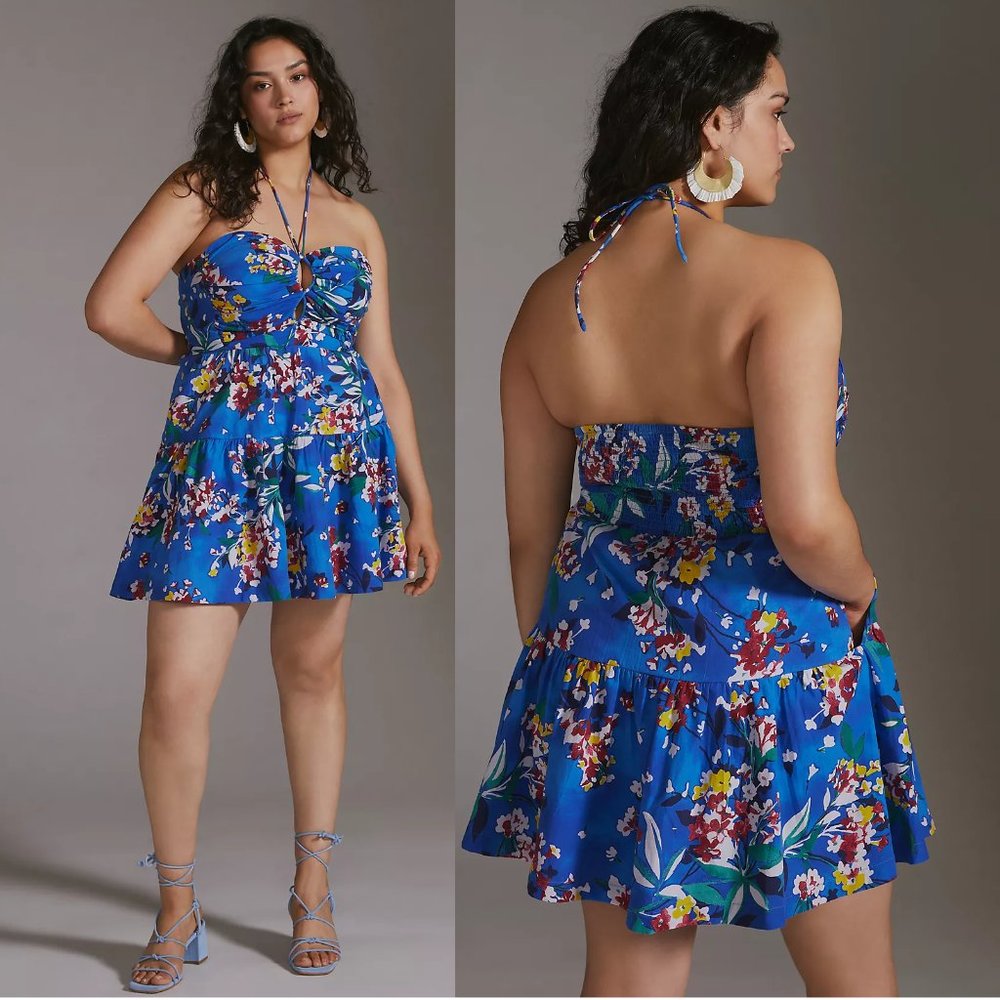 Anthropologie Emily Halter Mini Dress Blue Motif Floral Flounced